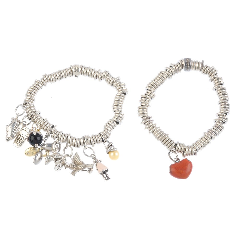 LINKS OF LONDON - two Sweetie charm bracelets. To: LINKS OF LONDON - two Sweetie charm bracelets. To include nine charms, including two non-designer charms, the Links of London charms including a trainer and frog prince. With maker's marks. Inner diam