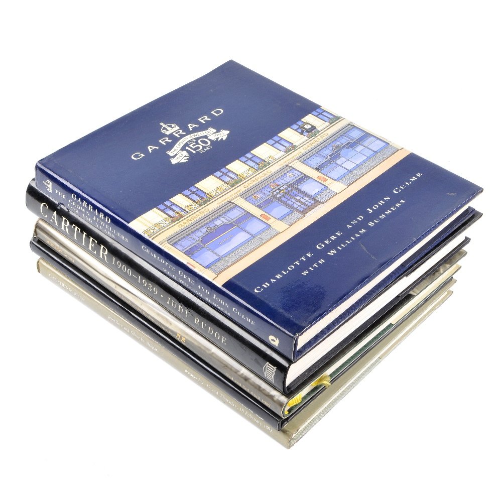 A selection of jewellery books and catalogues. To: A selection of jewellery books and catalogues. To include books about Garrard, Cartier, catalogues from Bulgari, Van Cleef and Arpel and Cartier. The condition of the lot is fair, with general ageing