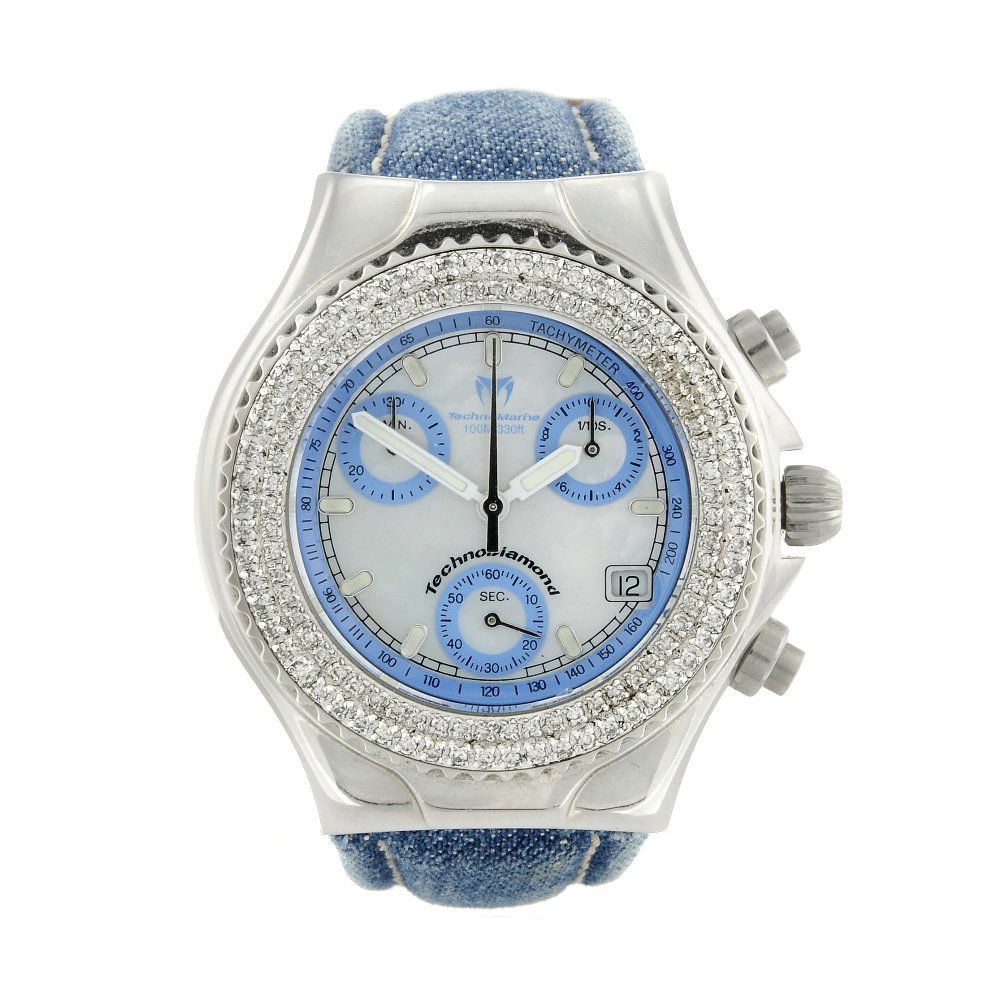 TECHNOMARINE - a lady's Technodiamond chronograph wrist: TECHNOMARINE - a lady's Technodiamond chronograph wrist watch. Stainless steel case with factory diamond set bezel. Numbered SW 0652. Unsigned quartz movement with quick date set. Mother-of-pearl dial