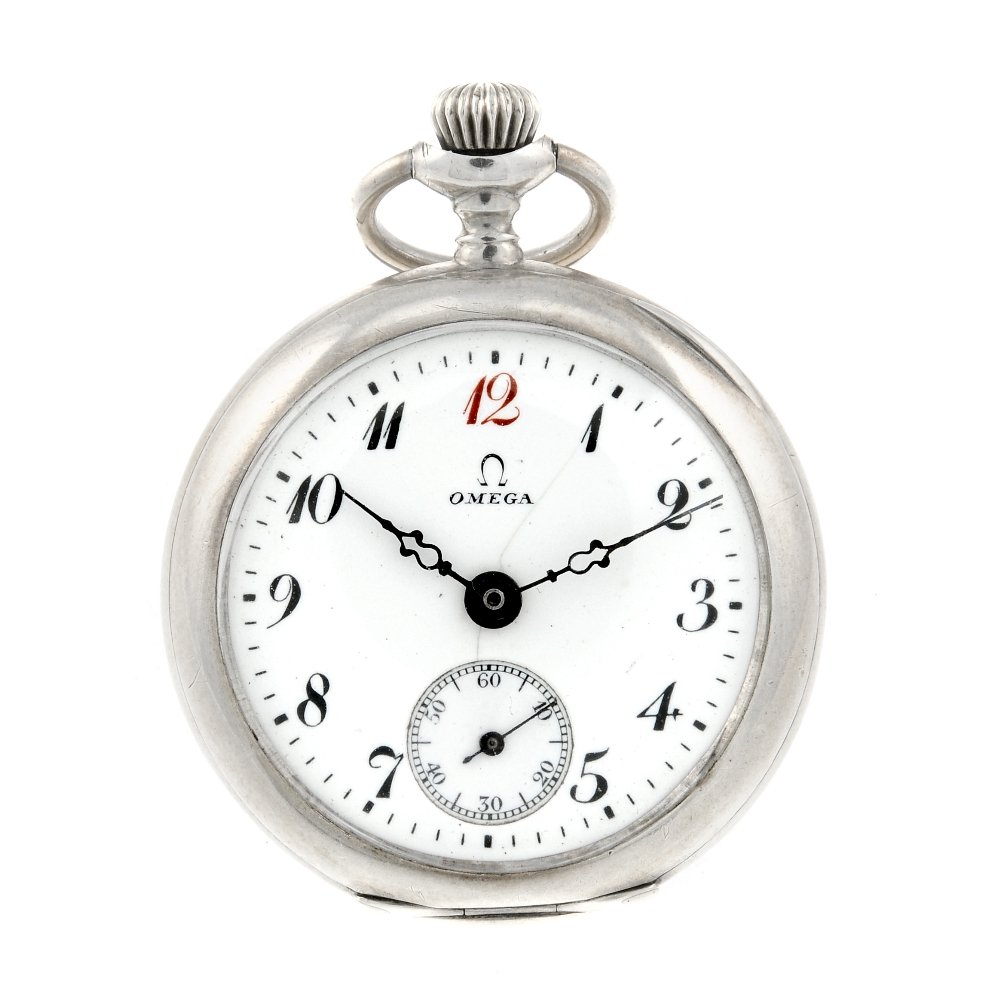 An open face fob watch by Omega. White metal case.: An open face fob watch by Omega. White metal case. Numbered 4622509. Signed keyless wind three quarter plate movement with club tooth lever escapement. White enamel dial with Arabic numeral hour marke