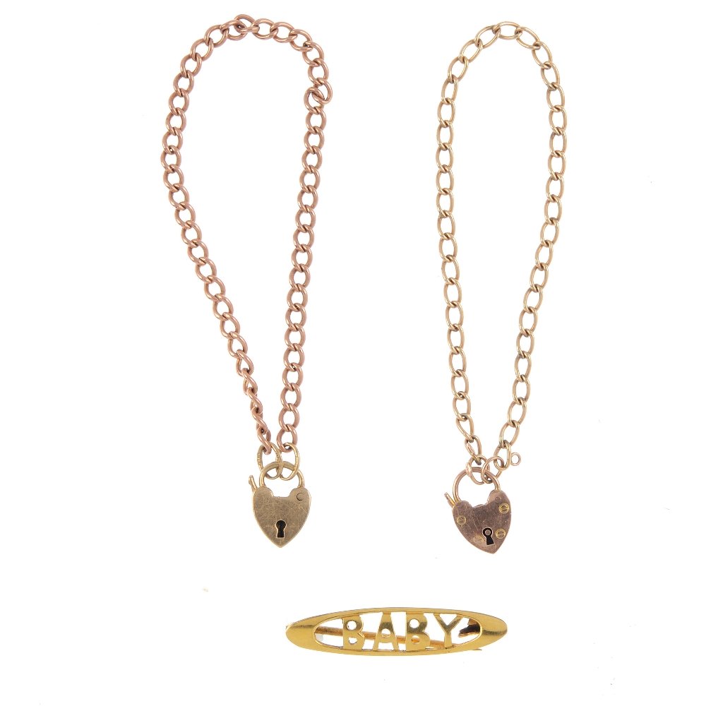 A selection of late 19th century 9ct gold jewellery. To: A selection of late 19th century 9ct gold jewellery. To include an openwork baby brooch, together with two curb-link bracelets each with padlock clasp. Length of brooch 3.5cms. Length of bracelets 14