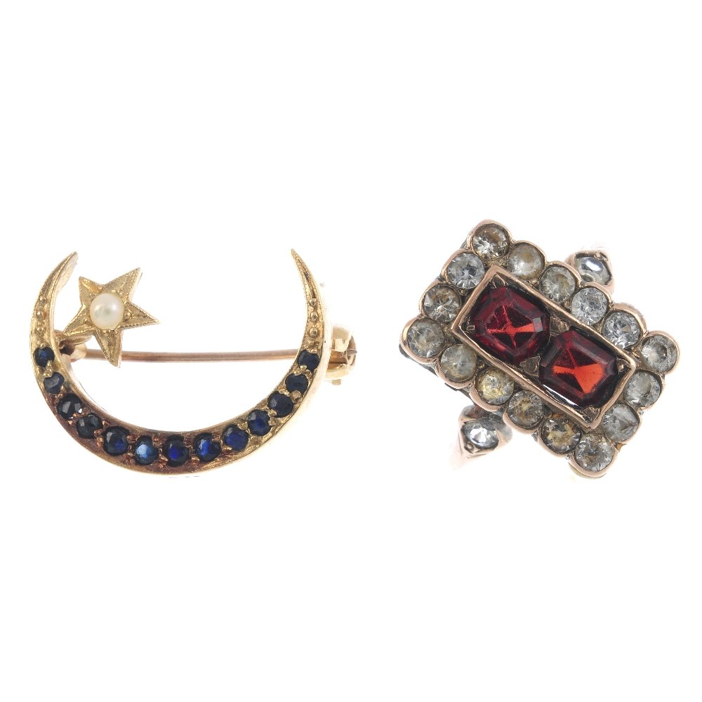 A gem-set ring and brooch. The brooch designed as a 9ct (1 of 3)