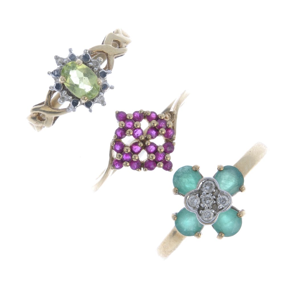 Three 9ct gold gem-set rings. To include an emerald and (1 of 1)
