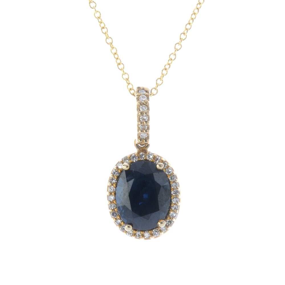 A 9ct gold sapphire and diamond cluster pendant, with (1 of 3)