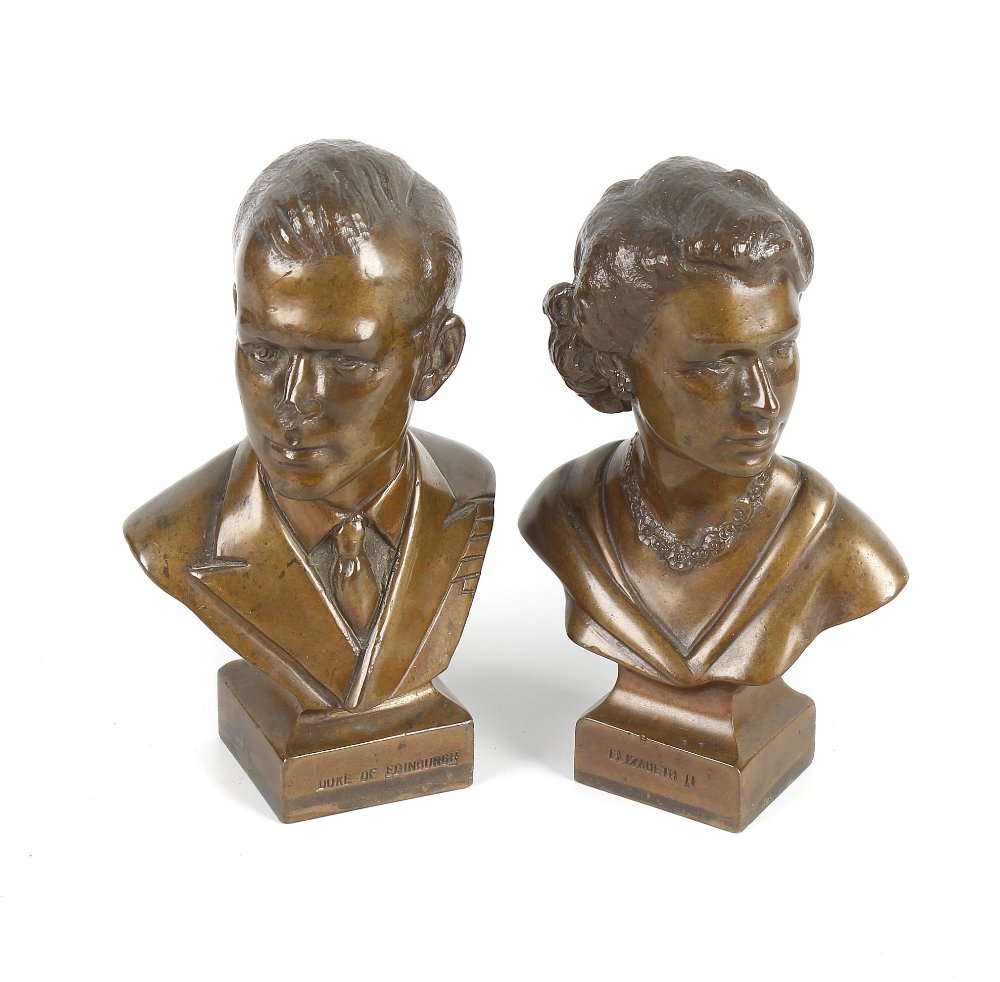 A pair of cast bronzed busts, modelled as Queen: A pair of cast bronzed busts, modelled as Queen Elizabeth II and The Duke of Edinburgh, each raised upon a square base having impressed title and with initials verso, each 7.5 (19cm) high. (Latter a/f
