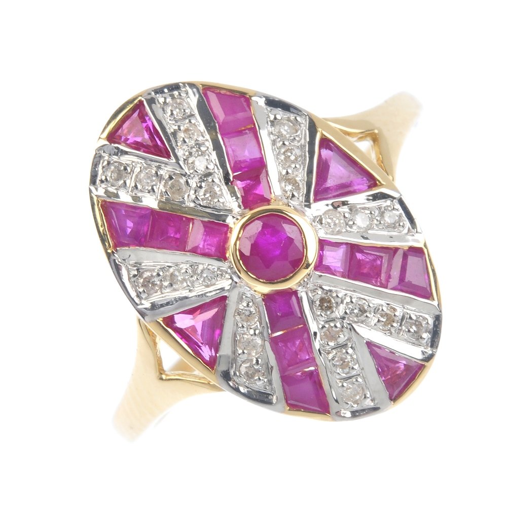A ruby and diamond dress ring. Of oval outline, the (1 of 3)