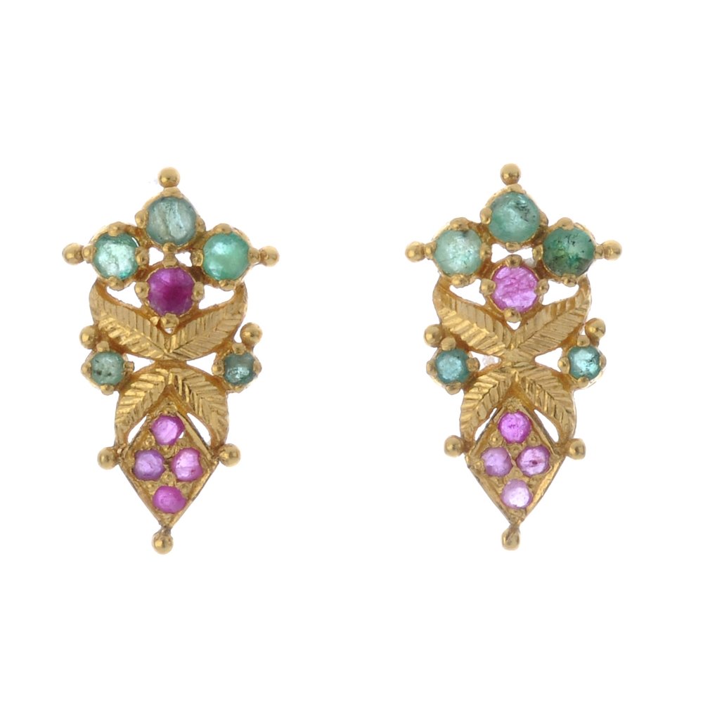 A pair of ruby and emerald earrings. Each designed as a (1 of 2)