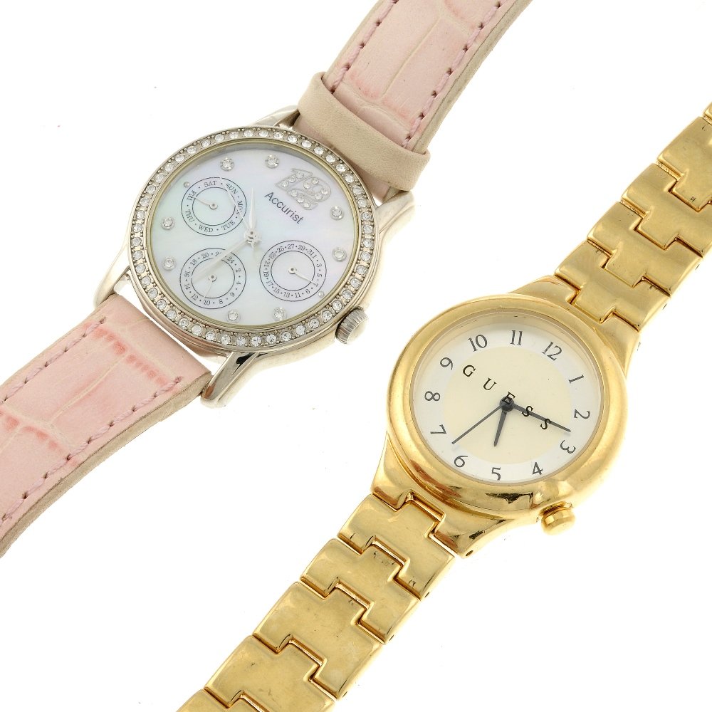 A bag of various wrist watches, including examples by: A bag of various wrist watches, including examples by Guess, DKNY and Accurist. All recommended for spares or repair purposes only. Approximately 70. Due to the quantity of items in this lot we are un