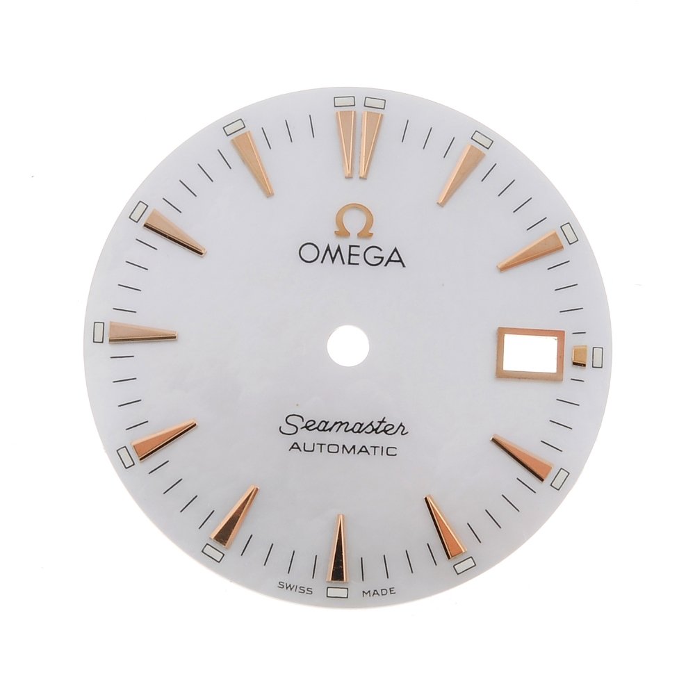 OMEGA - a mother-of-pearl dial for a lady's Seamaster: OMEGA - a mother-of-pearl dial for a lady's Seamaster automatic. With hands and crown. Recommended for spare or repair purposes only. Due to the nature of the item in this lot we are unable to comment