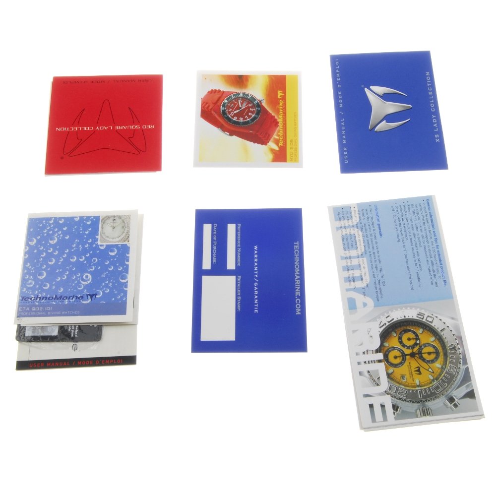 A large group of TechnoMarine bracelet and bracelet: A large group of TechnoMarine bracelet and bracelet links together with a mixed group of TechnoMarine paperwork. Recommended for spares or repair purposes only. Due to the quantity of items in this lo