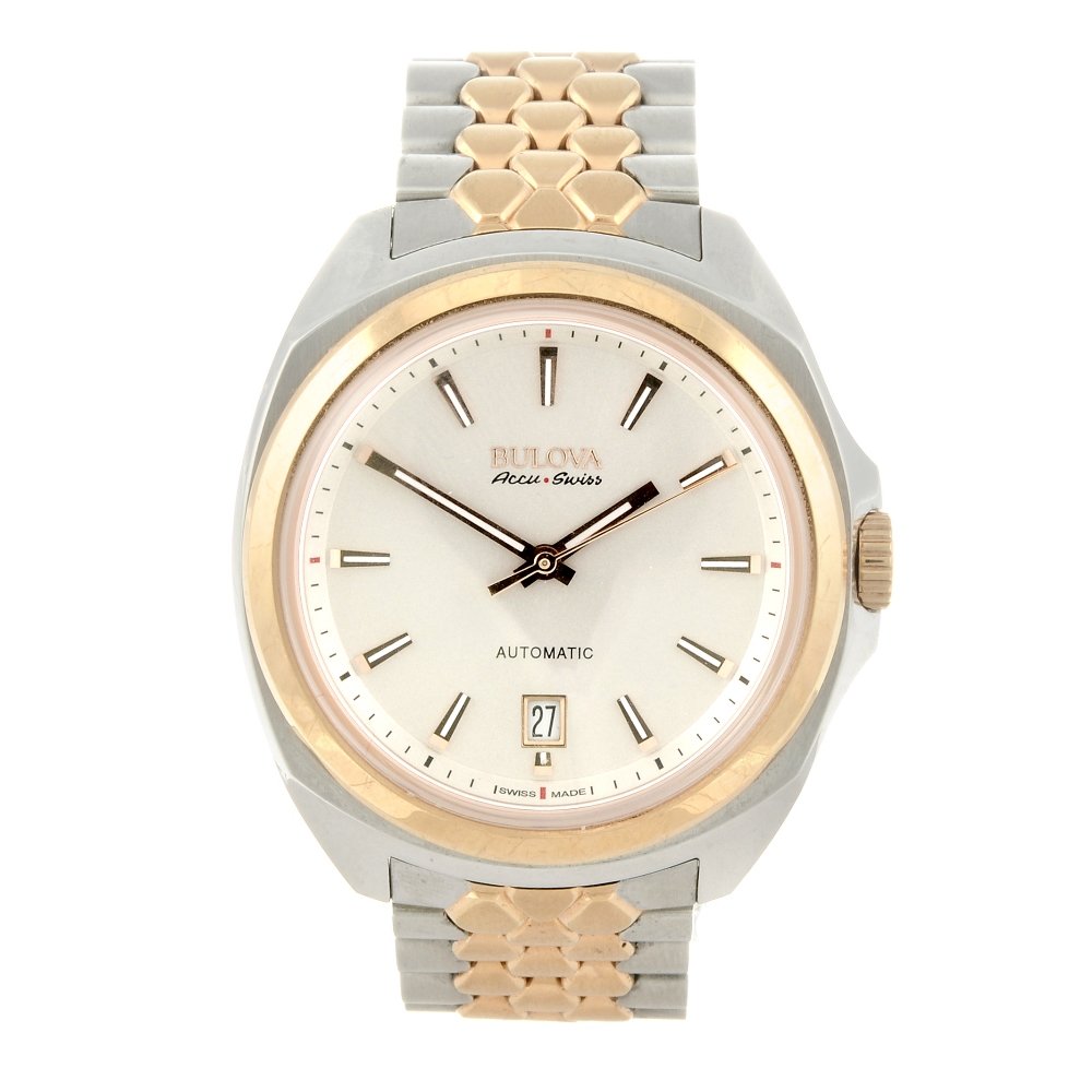 BULOVA - a gentleman's Accuswiss bracelet watch.: BULOVA - a gentleman's Accuswiss bracelet watch. Stainless steel case with gold plated bezel. Reference 65B159 C4601146C, serial 91142734. Unsigned automatic movement with quick date set. Silvered dia