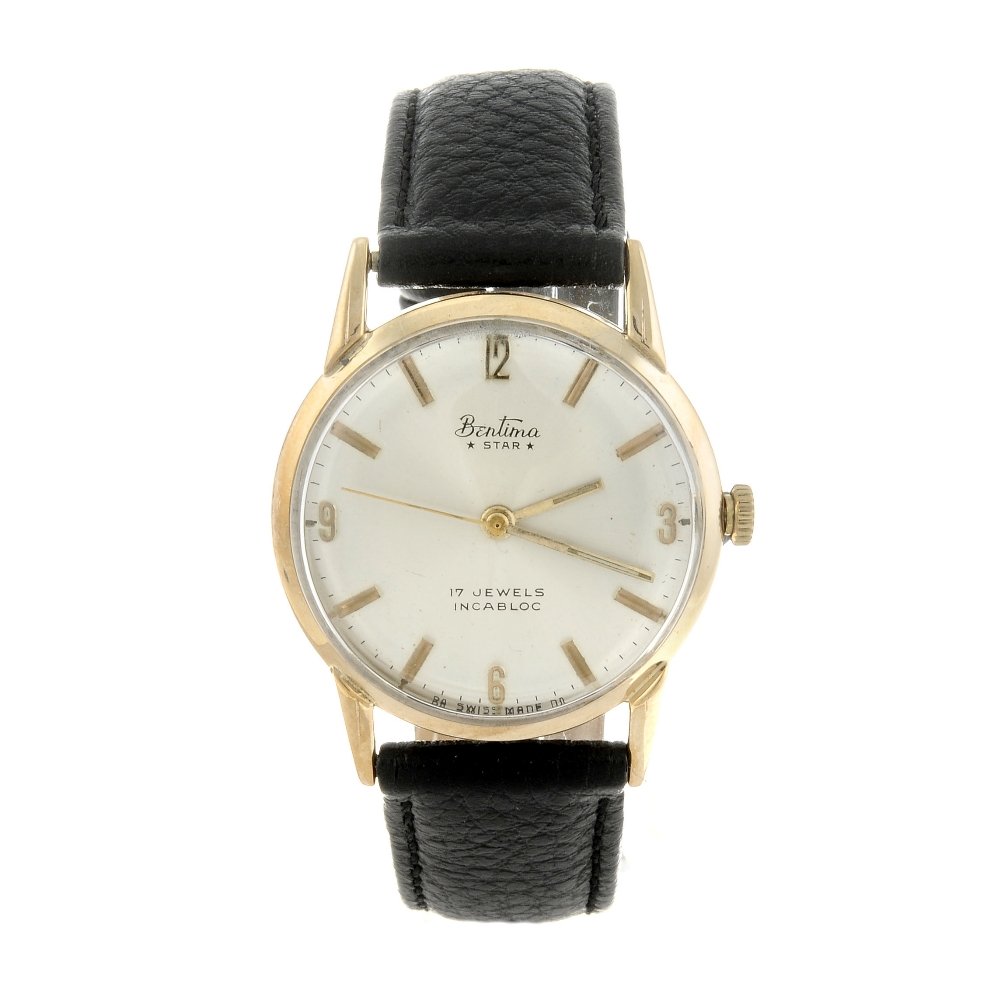BENTIMA - a gentleman's Star wrist watch. 9ct yellow: BENTIMA - a gentleman's Star wrist watch. 9ct yellow gold case, hallmarked London 1966. Unsigned manual wind movement. Silvered dial with baton hour markers, quarterly Arabic numerals. Fitted to an un