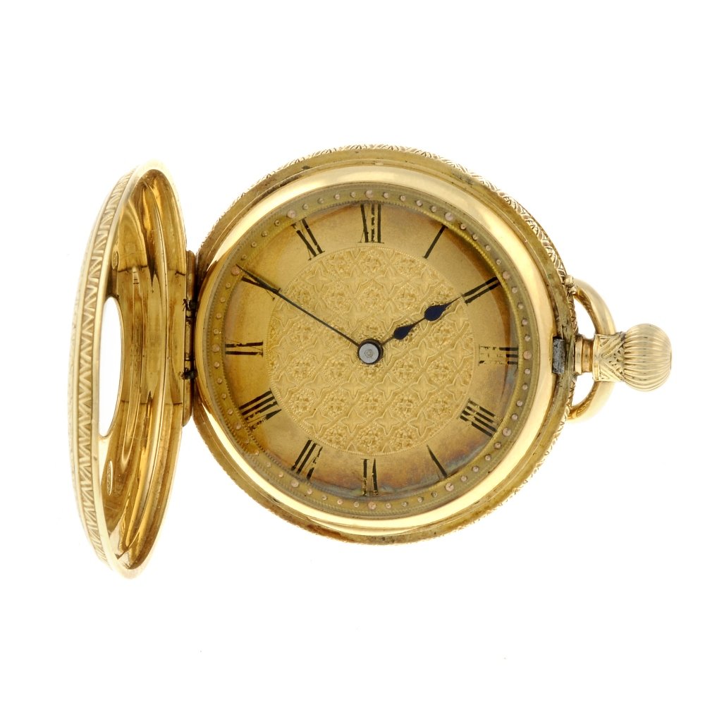 A half hunter pocket watch by Barraud & Lunds. 18ct: A half hunter pocket watch by Barraud & Lunds. 18ct yellow gold case with enamel panel and diamond set monogram to case back, hallmarked London 1871. Signed three quarter plate movement with ratchet t