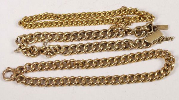 Three curb link bracelets (test gold). 28gms.: Three curb link bracelets (test gold). 28gms.