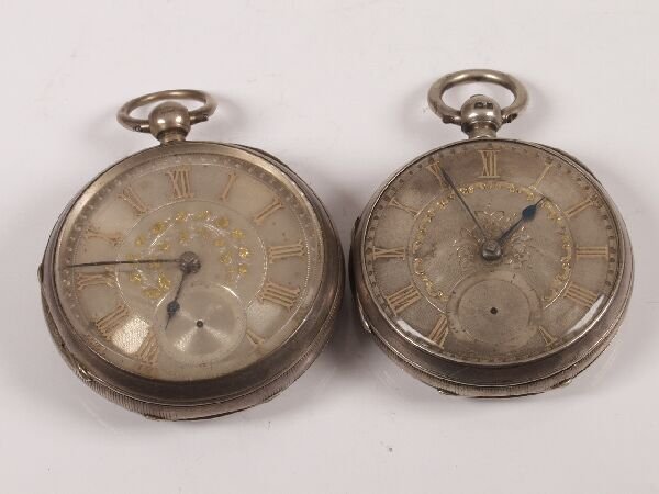 Victorian silver open face pocket watch with silv: Victorian silver open face pocket watch with silvered dial and Roman numerals and engine turned case (London 1883) - diameter 5.2cm; Edwardian silver open face pocket watch with silvered dial and Roma