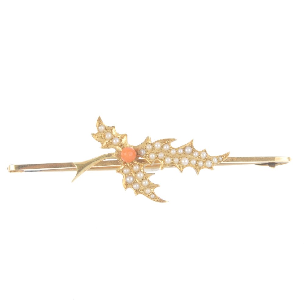 An early 20th century 15ct gold coral and split pearl (1 of 2)