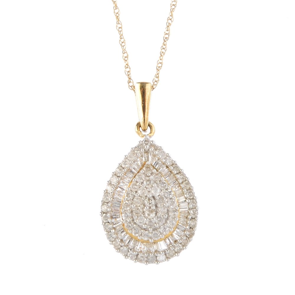 A 9ct gold diamond pendant. Of pear-shape outline, the (1 of 3)