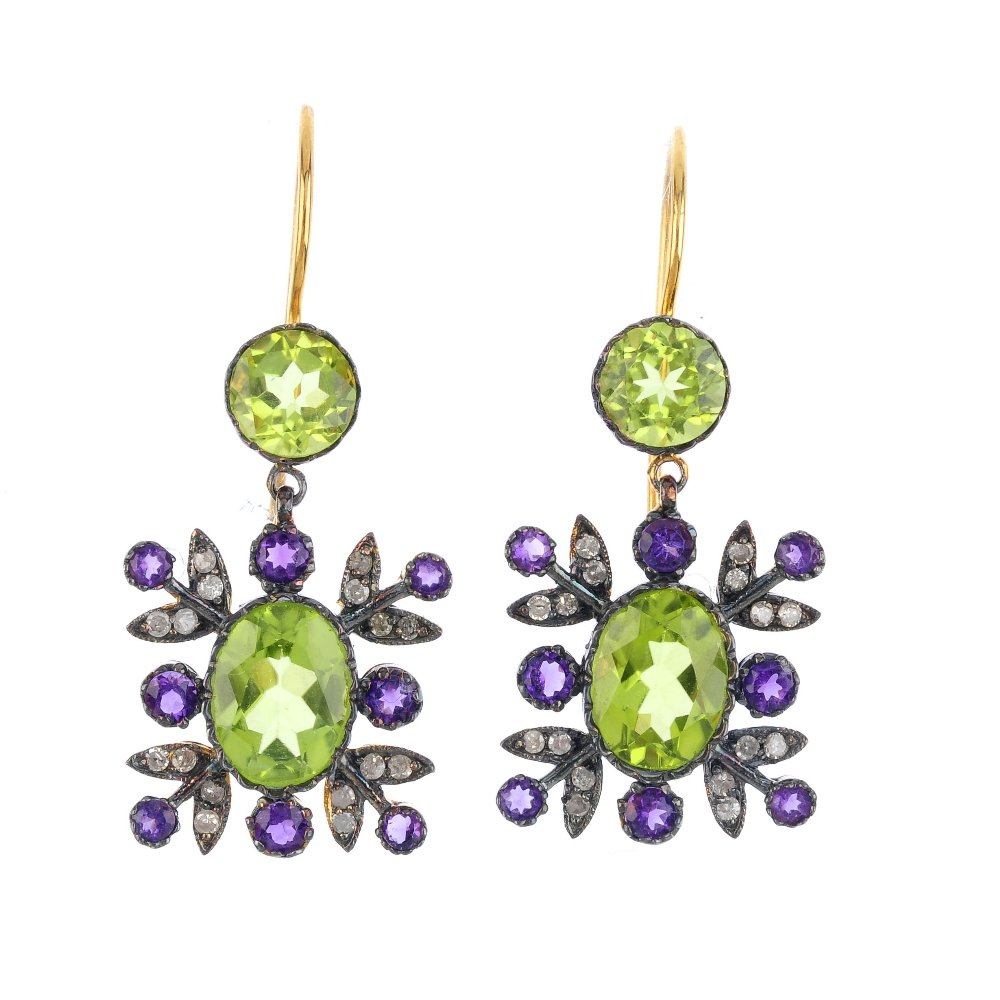 A pair of peridot, amethyst and diamond earrings. Each (1 of 2)