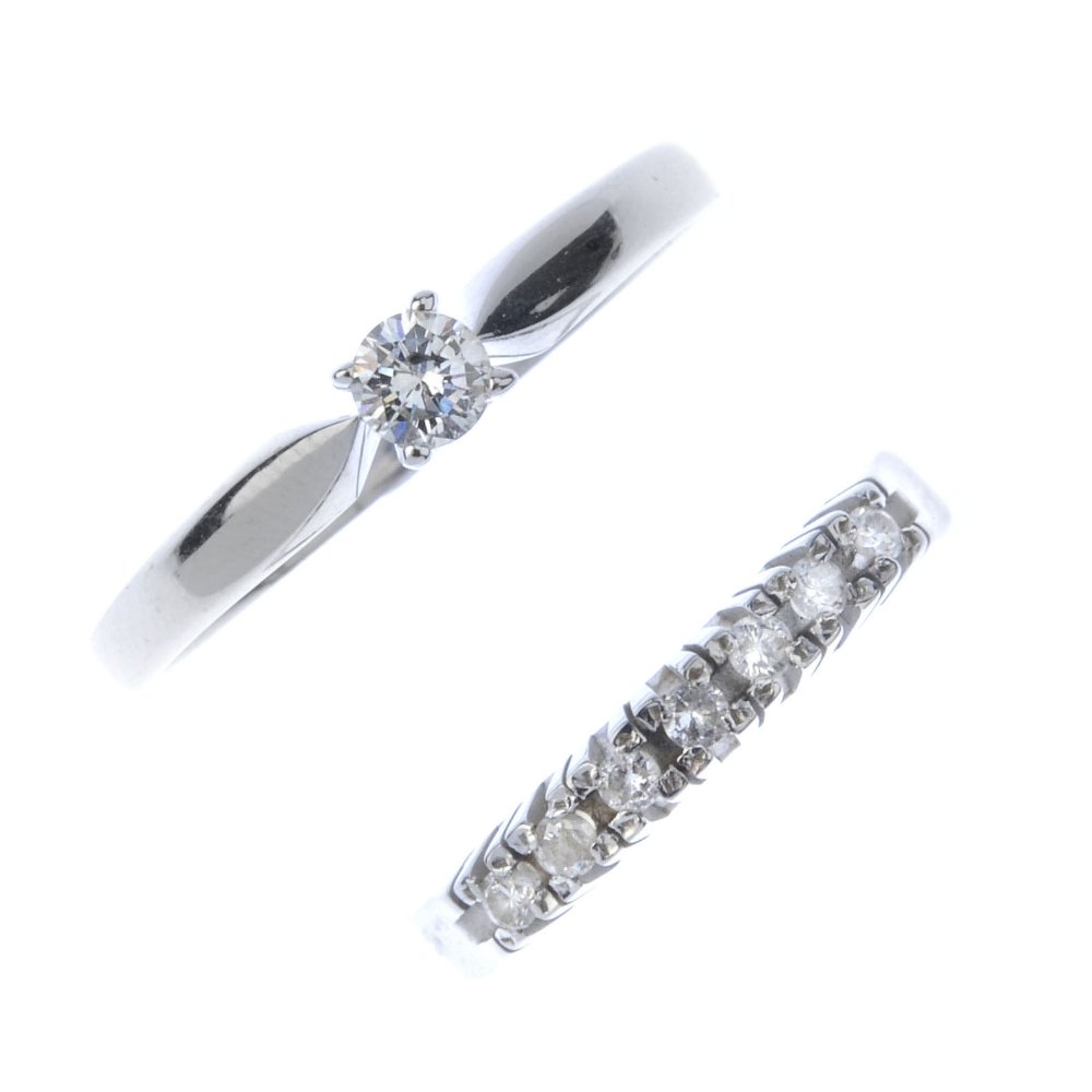 (15743) A selection of jewellery. To include a diamond: (15743) A selection of jewellery. To include a diamond single-stone ring, a diamond half-circle eternity ring and two 9ct gold fancy-link bracelets. Estimated total diamond weight 0.45ct. Two with hal