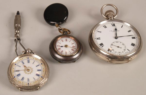 1930's silver cased J.W. Benson open face top win: 1930's silver cased J.W. Benson open face top wind pocket watch, a small continental silver fob watch and a gun metal fob watch.