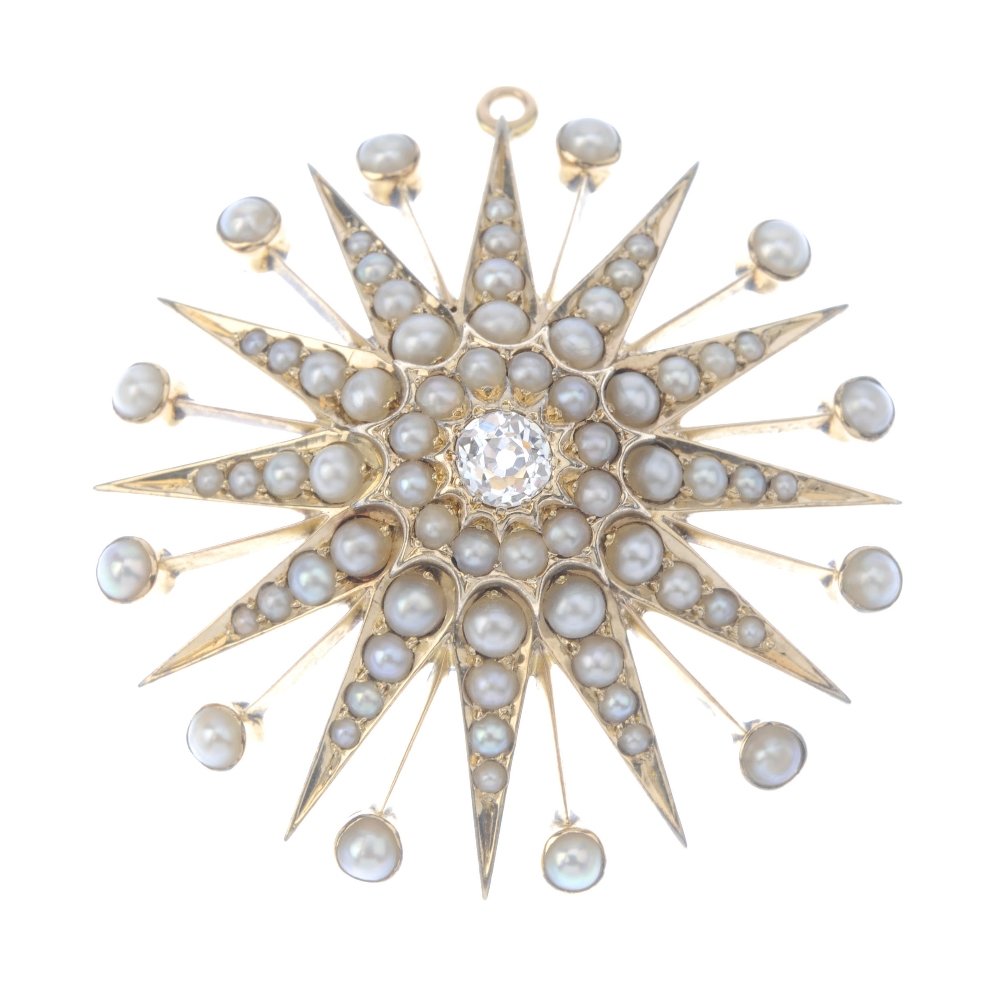 A diamond and split-pearl pendant. The old-cut diamond, (1 of 2)