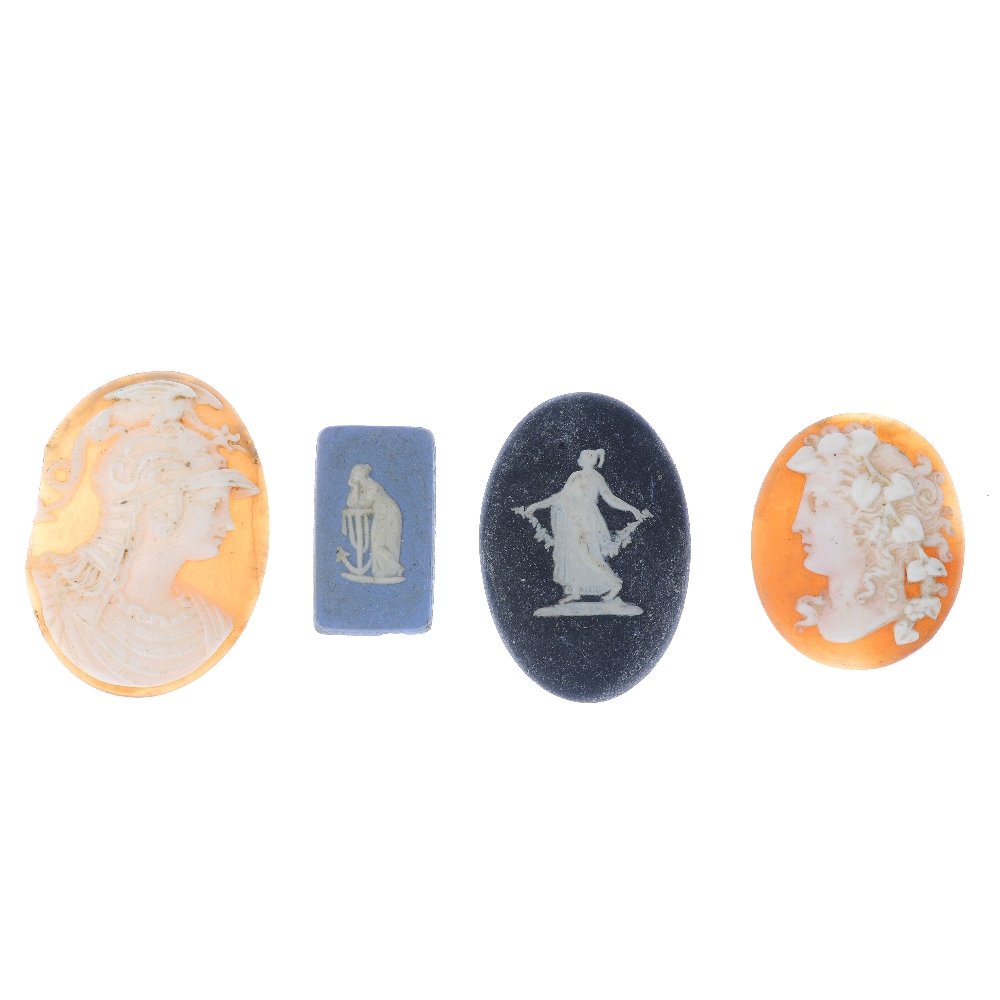 A selection of loose cameos. To include six blue: A selection of loose cameos. To include six blue jasperware Wedgwood cameos and a selection of mostly oval-shape shell cameos, one depicting the Goddess Athena, with a dragon adorning her helmet. Leng