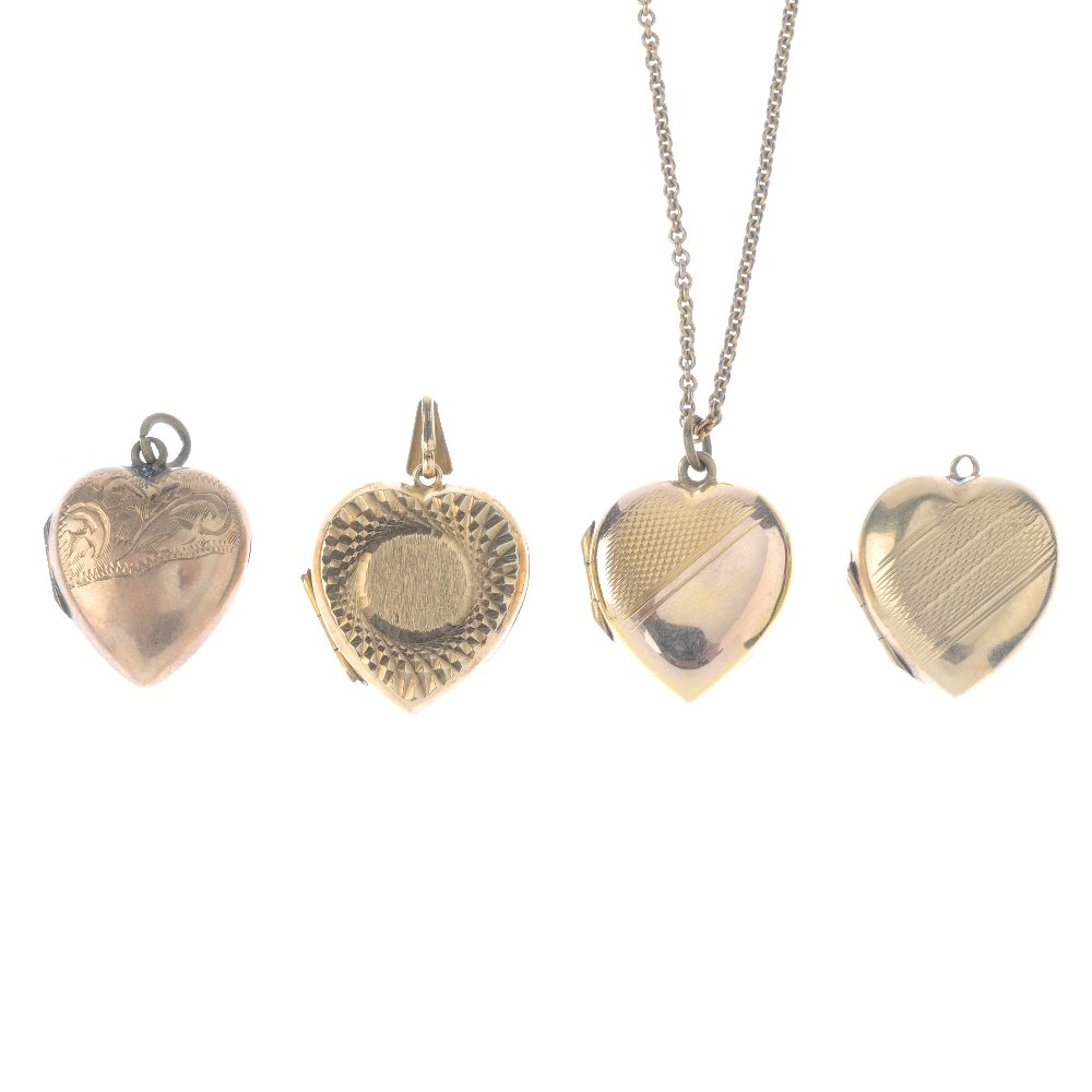 A locket and three 9ct front and back lockets. All of: A locket and three 9ct front and back lockets. All of heart-shape, the first locket with diamond-cut style embossing to the front, another with an engine turned design to half of the front, with belch