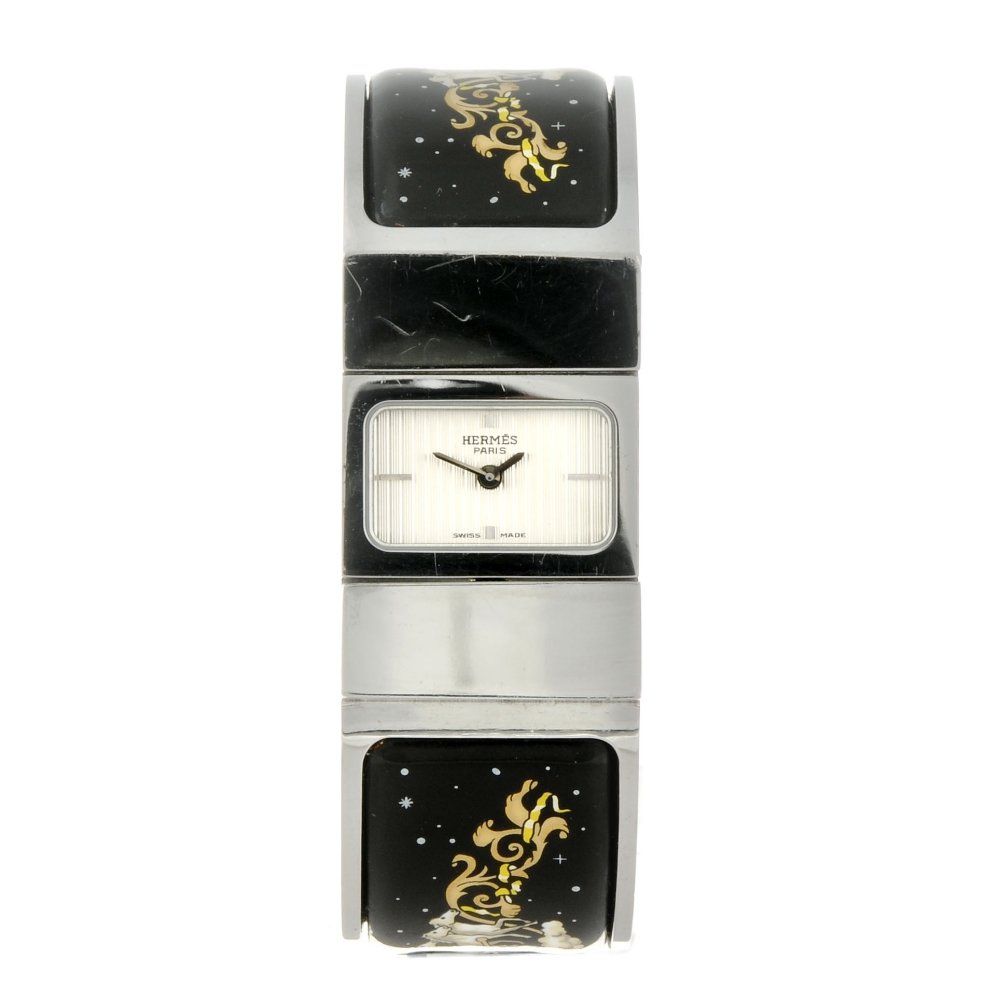 HERMÃˆS - a lady's Roque bracelet watch. Stainless: HERMÃˆS - a lady's Roque bracelet watch. Stainless steel case. Reference L01.210, serial 1384585. Unsigned quartz movement. Silvered dial with quarterly hour batons. Fitted to a signed stainless ste