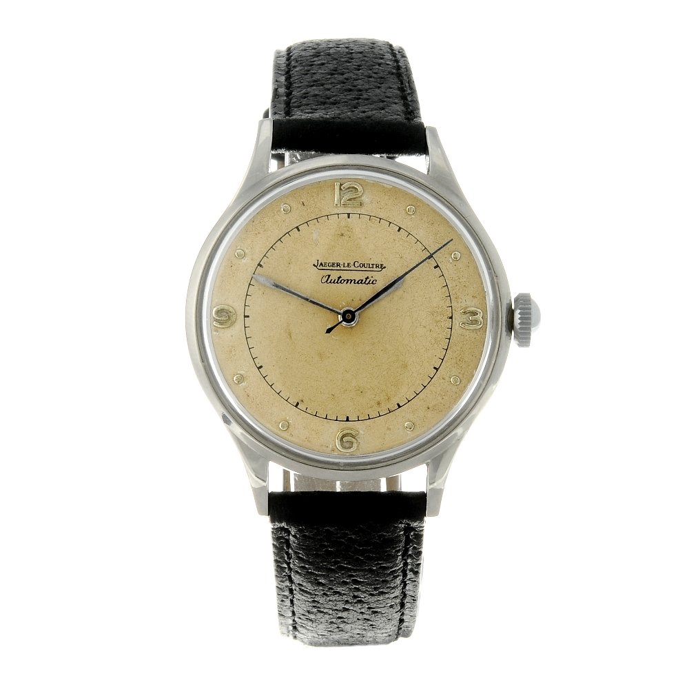 JAEGER-LECOULTRE - a gentleman's wrist watch. Stainless: JAEGER-LECOULTRE - a gentleman's wrist watch. Stainless steel case. Numbered 431713. Signed bumper automatic calibre 476. Silvered dial with dot hour markers, quarterly Arabic numerals. Fitted to an u