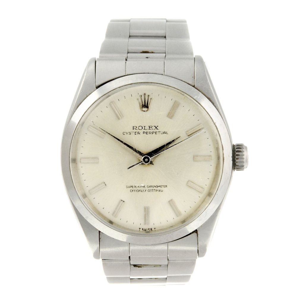 ROLEX - a gentleman's Oyster Perpetual bracelet watch.: ROLEX - a gentleman's Oyster Perpetual bracelet watch. Circa 1966. Stainless steel case. Reference 1002, serial 1380244. Signed automatic calibre 1570. Silvered dial with baton hour markers. Fitted to