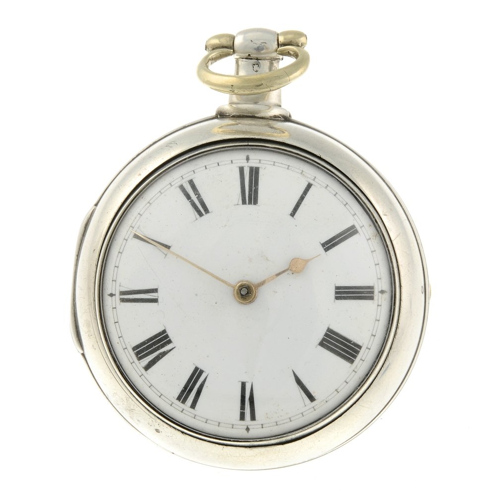 A pair case pocket watch by J. Roberts. Silver cases,: A pair case pocket watch by J. Roberts. Silver cases, hallmarked London 1812. Signed key wind full plate fusee and chain movement with verge escapement. White enamel dial with Roman numeral hour marke