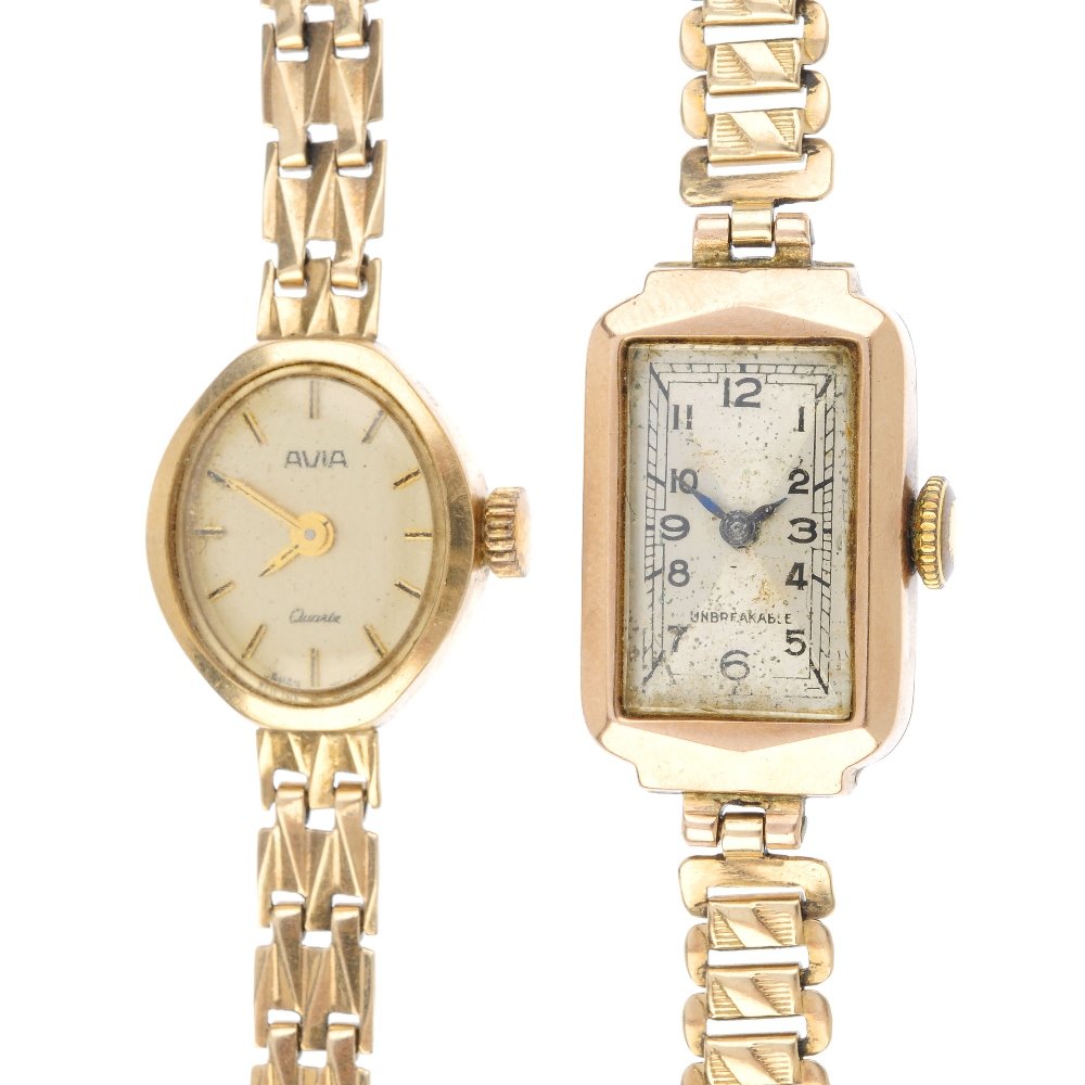 Two lady's wrist watches. The first designed as an: Two lady's wrist watches. The first designed as an oval-shape dial with baton markers and 9ct gold bracelet, the second designed as a rectangular-shape dial with textured link bracelets. One with hall