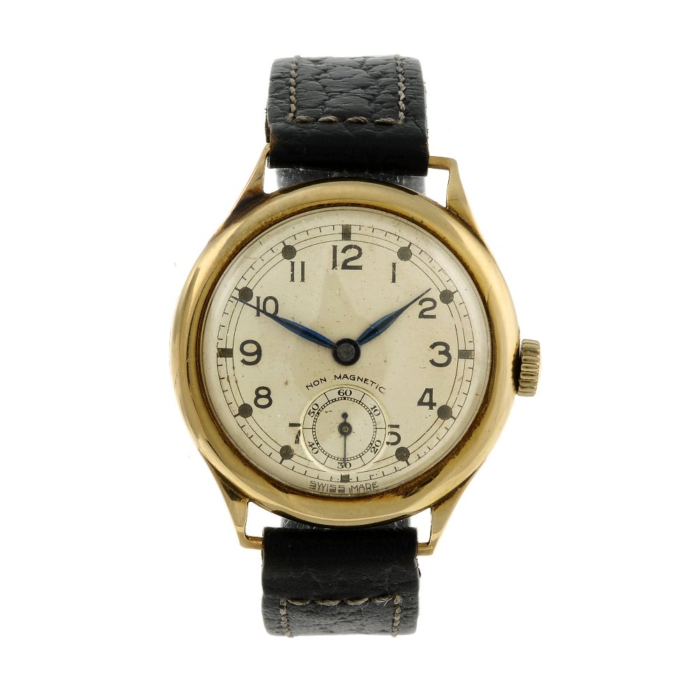 A gentleman's wrist watch. 9ct yellow gold case,: A gentleman's wrist watch. 9ct yellow gold case, hallmarked London 1937. Unsigned manual wind movement. Silvered dial with Arabic numeral hour markers, subsidiary seconds dial to six. Fitted to an uns