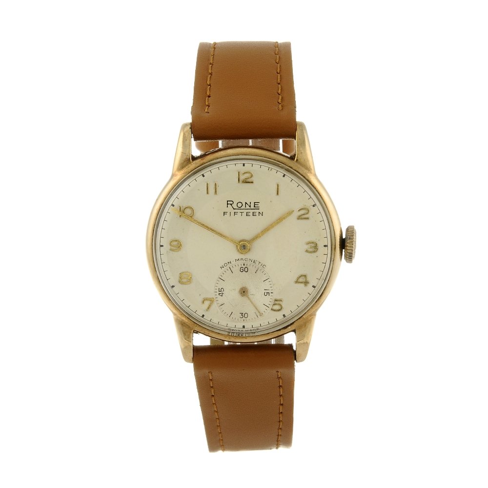 RONE - a gentleman's wrist watch. 9ct yellow gold case,: RONE - a gentleman's wrist watch. 9ct yellow gold case, hallmarked Birmingham 1952. Signed manual wind calibre 1200. Silvered dial with Arabic numeral hour markers, subsidiary seconds dial to six. Fit