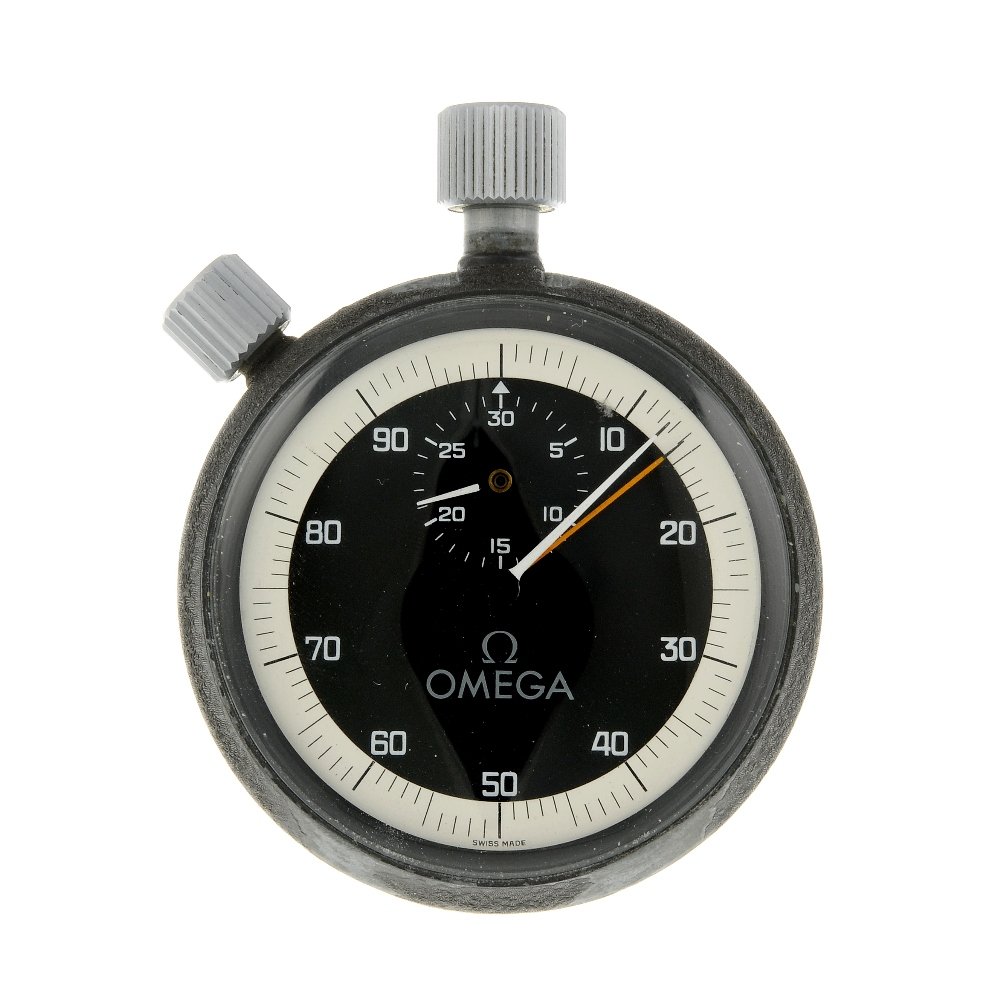 An open face stopwatch by Omega. Coated base metal case: An open face stopwatch by Omega. Coated base metal case with stainless steel case back. Signed keyless wind seven jewel movement with club tooth lever escapement. Black dial with Arabic numeral ten se