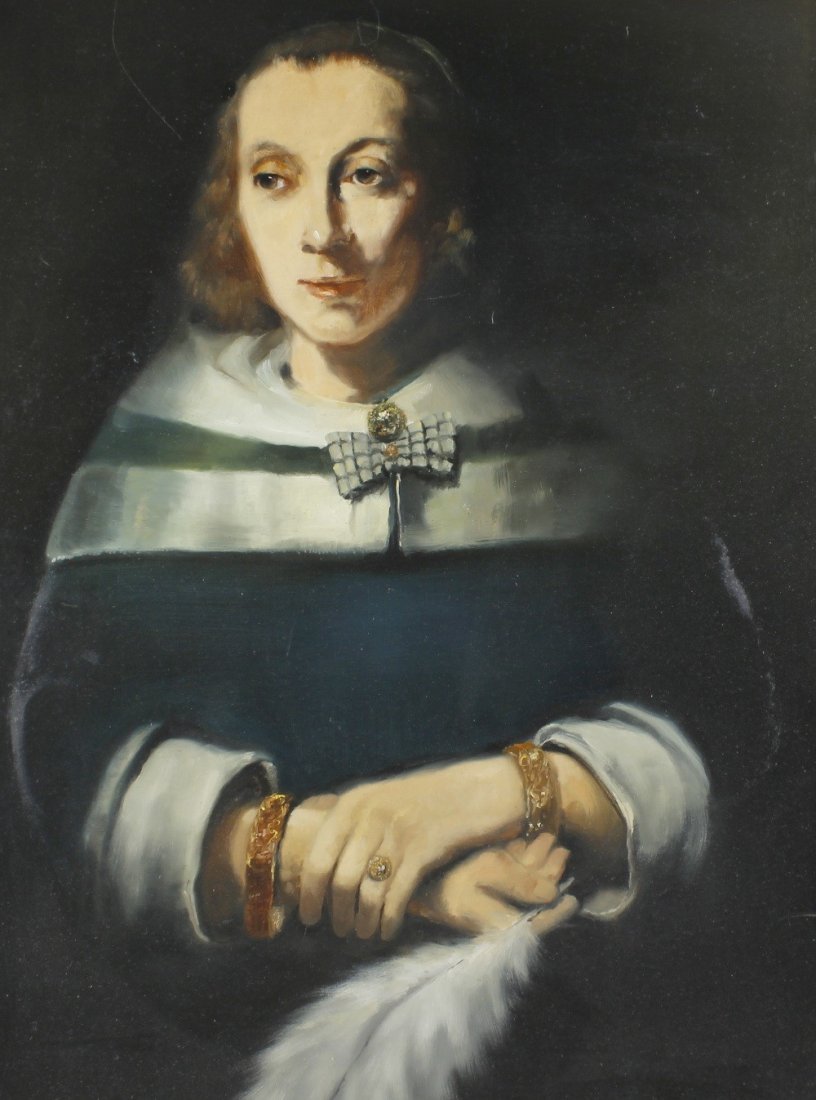 English school (early 20th century)Three quarter length: English school (early 20th century)Three quarter length portrait study depicting cloaked female holding quill before a dark groundOil on board Unsigned 25 x 33 (63.5cm x 84cm)In gilt frame Overall fai