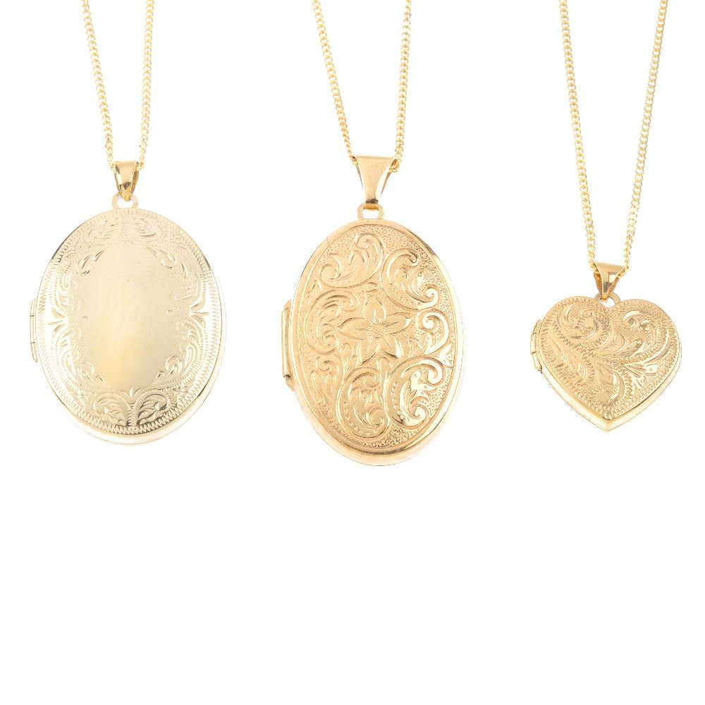 Three lockets. To include a 9ct gold oval-shape locket, (1 of 3)