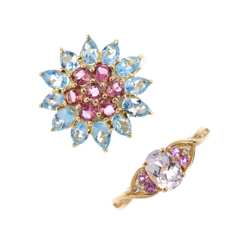 Five 9ct gold gem-set rings. To include a hexagonal (1 of 4)