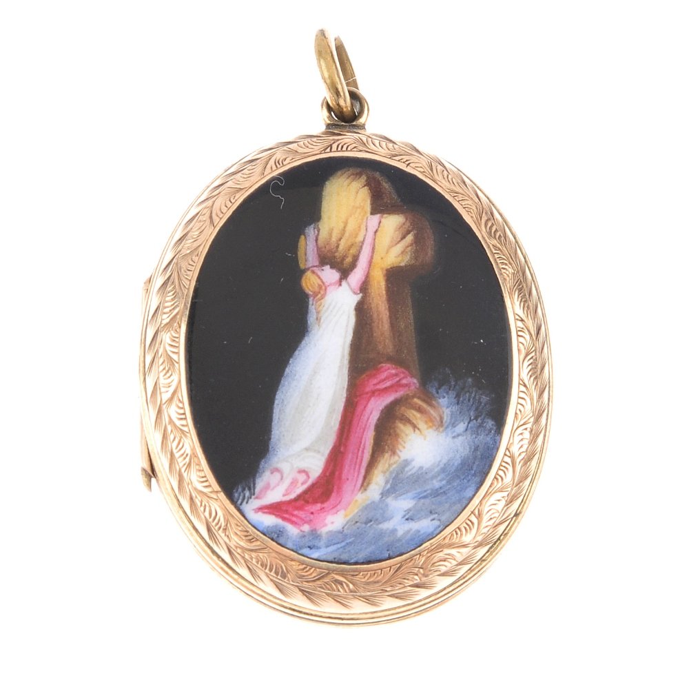 An early 20th century 9ct gold back and front enamel: An early 20th century 9ct gold back and front enamel locket. Of oval outline, the painted panel depicting a woman mourning at a cross-shape gravestone, in flowing robes, to the foliate surround, with 
