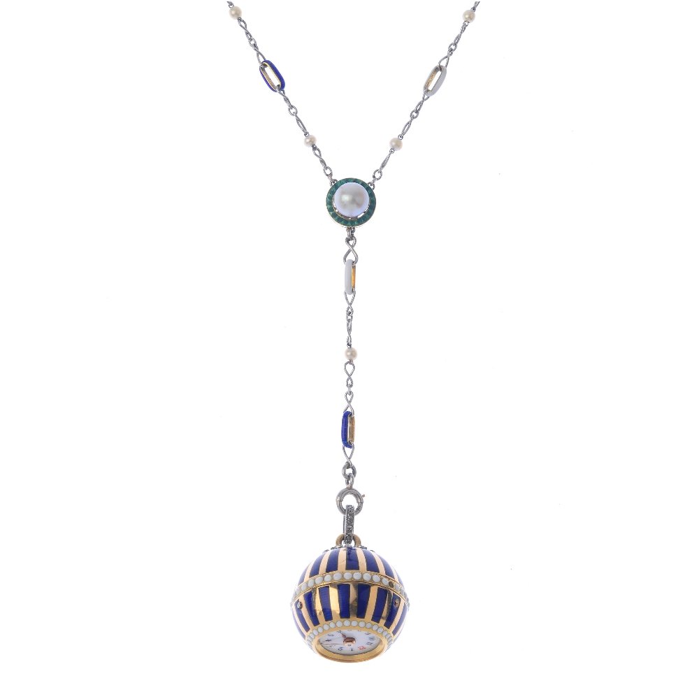A pearl, enamel and diamond fob watch. The striped blue (1 of 3)