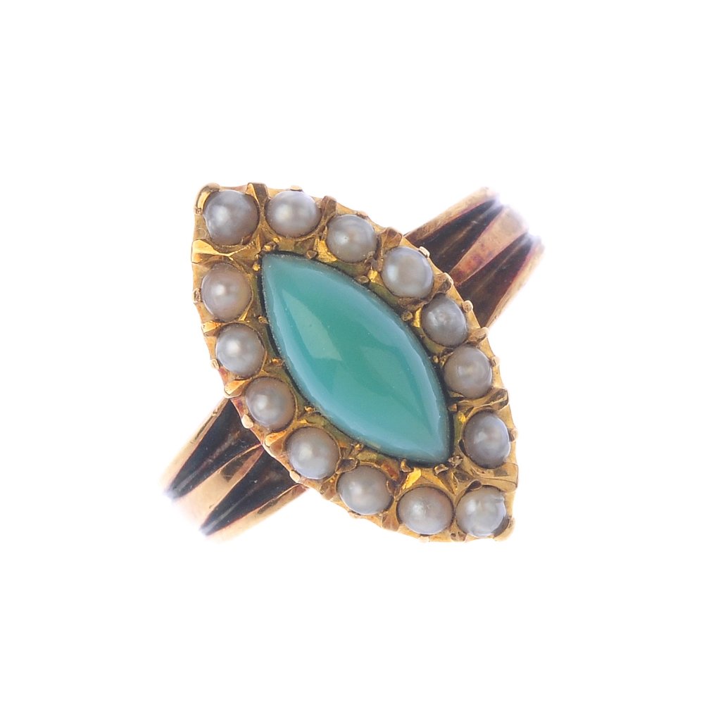 A late Victorian 18ct gold turquoise and pearl ring. (1 of 3)