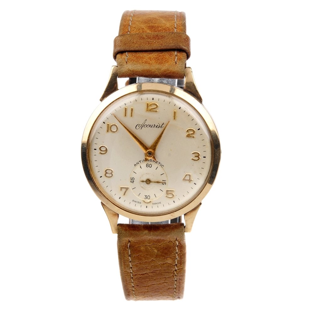 ACCURIST - a gentleman's wrist watch. 9ct yellow gold: ACCURIST - a gentleman's wrist watch. 9ct yellow gold case, hallmarked Birmingham possibly 1957. Unsigned manual wind movement. Silvered dial. Fitted to an unsigned brown leather strap with gold plate