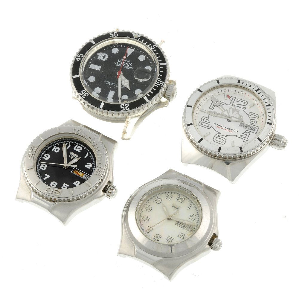 A group of five stainless steel watch cases, some with: A group of five stainless steel watch cases, some with dials. To include four TechnoMarine and one EmaS example, together with a TechnoMarine dial and date wheel with attached quartz movement. All rec