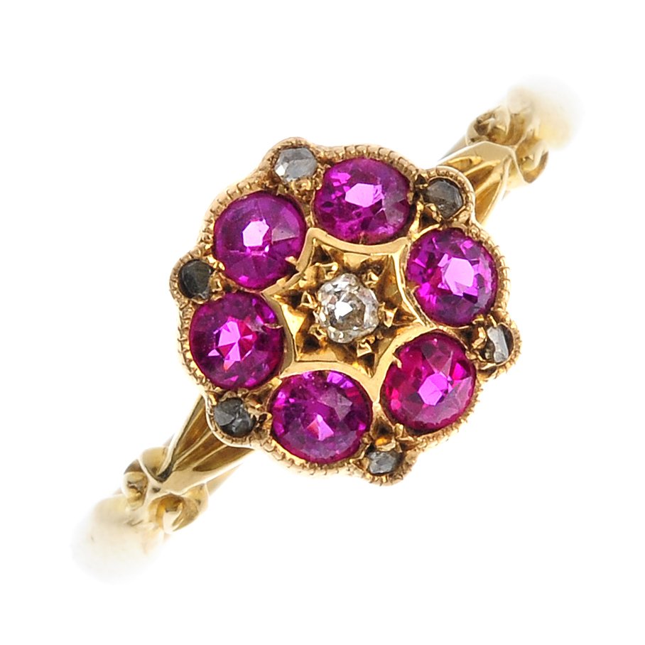 An 18ct gold 1970's synthetic ruby and diamond cluster (1 of 3)
