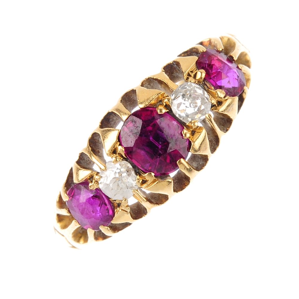 A late Victorian 18ct gold ruby and diamond five-stone (1 of 3)