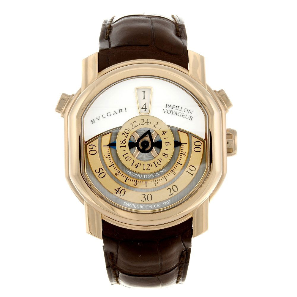 BULGARI - a limited edition gentleman's Daniel Roth: BULGARI - a limited edition gentleman's Daniel Roth Papillon Voyageur GMT wrist watch. Number 24 of 99. 18ct rose gold case with exhibition case back. Numbered BRRP46GGMTP 101835. Signed automatic cal