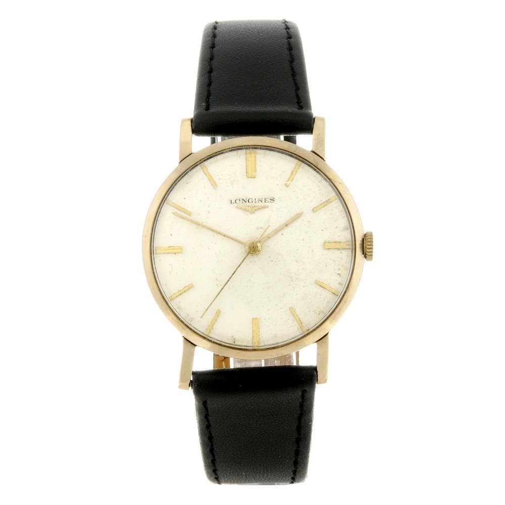 LONGINES - a gentleman's wrist watch. 9ct yellow gold: LONGINES - a gentleman's wrist watch. 9ct yellow gold case, hallmarked Birmingham 1960. Numbered 12374 85899. Signed manual wind movement. Silvered dial with baton hour markers. Fitted to an unsigned