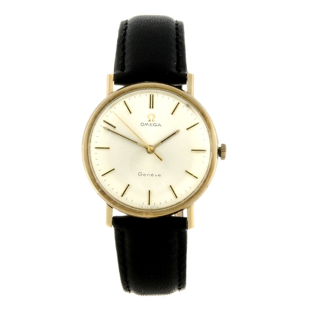 OMEGA - a gentleman's Genève wrist watch. 9ct yellow: OMEGA - a gentleman's Genève wrist watch. 9ct yellow gold case, hallmarked London 1968. Numbered 131/25016. Signed manual wind calibre 601. Silvered dial with baton hour markers. Fitted to an unsigne