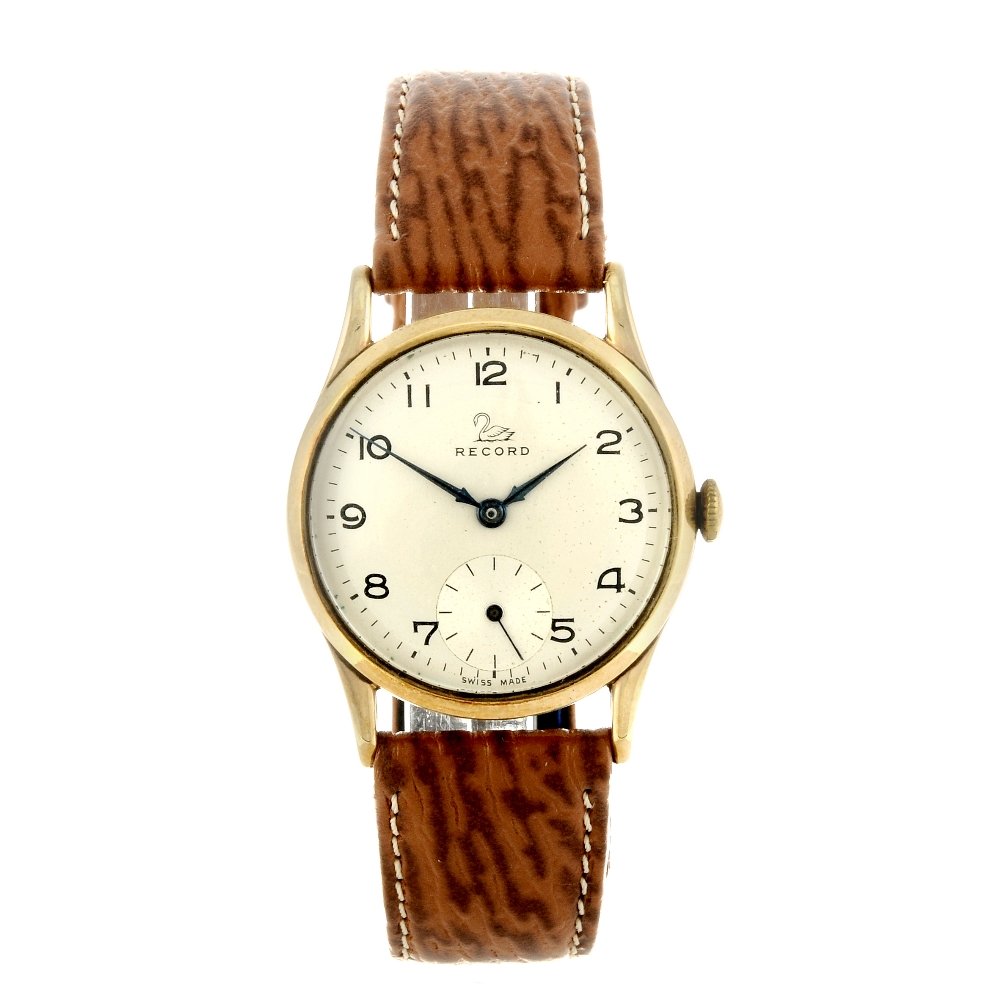 RECORD - a gentleman's wrist watch. 9ct yellow gold: RECORD - a gentleman's wrist watch. 9ct yellow gold case, hallmarked London 1955. Numbered 141118. Signed manual wind calibre 022-18. Silvered dial with Arabic numeral hour markers, subsidiary seconds