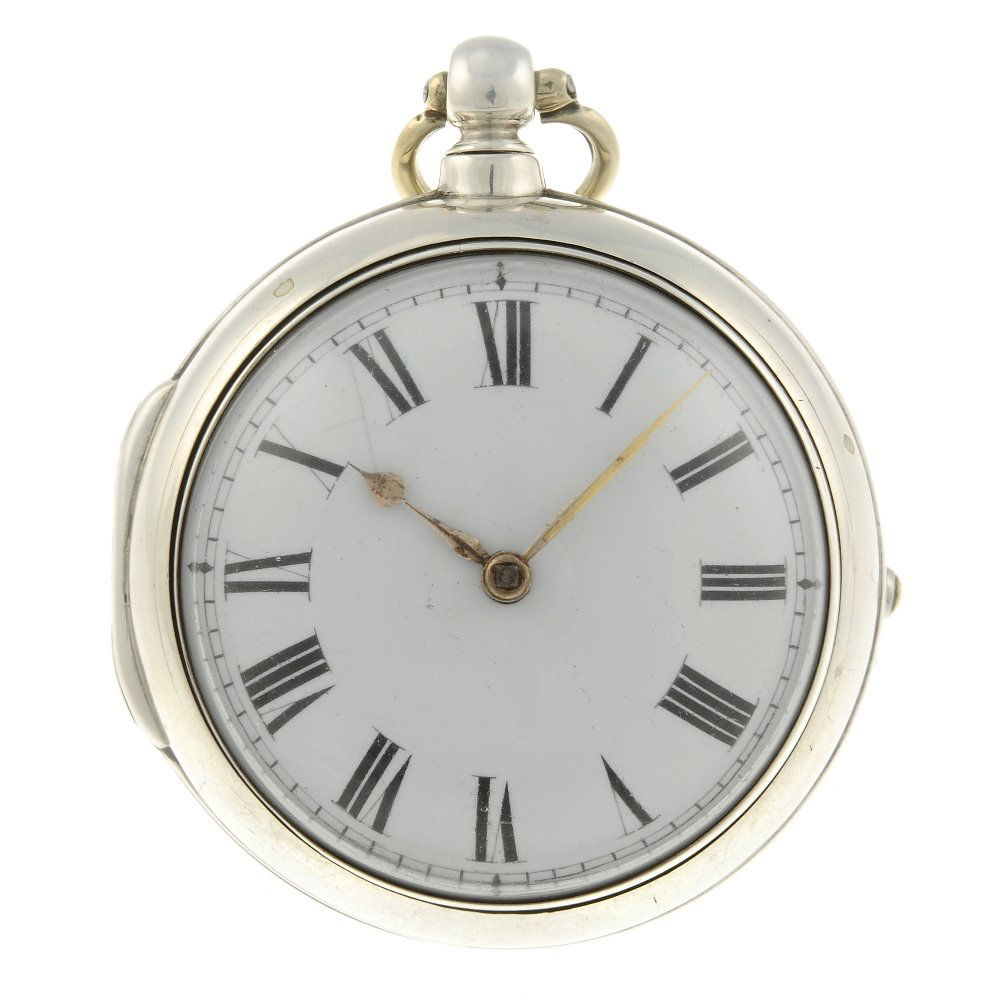 A pair case pocket watch. Silver cases, hallmarked: A pair case pocket watch. Silver cases, hallmarked London 1827. Numbered 6660. Unsigned key wind full plate fusee and chain movement with verge escapement and pierced balance cock. White enamel dial w